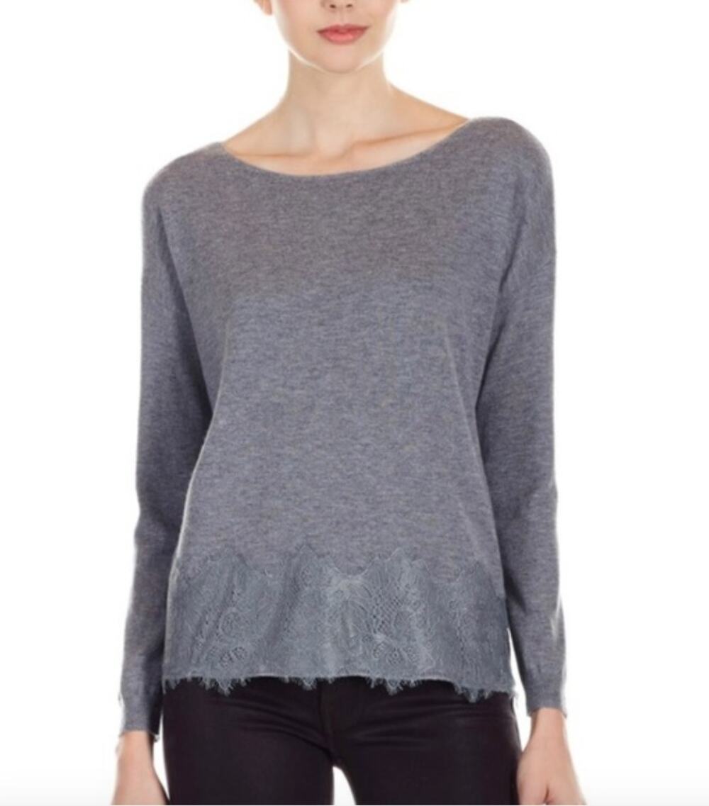 Joie Bastienne Gray Lace Trim Wool Cashmere Long SLeeve Sweater // M